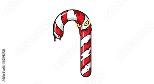 Sinister Christmas candy cane monster with glowing evil eyes and red stripes.