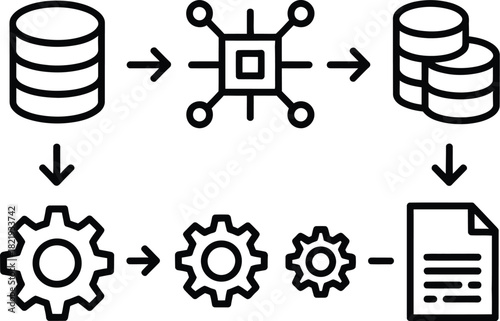Data Flow Diagram Cylindrical Database, Node Connections, Gears and Document Data Processing