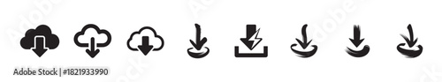 Set of black download icons, various styles for web and app interface, including cloud and brush stroke