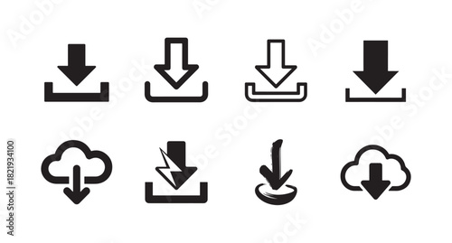 Variety of black download icons featuring cloud lightning and standard arrow designs