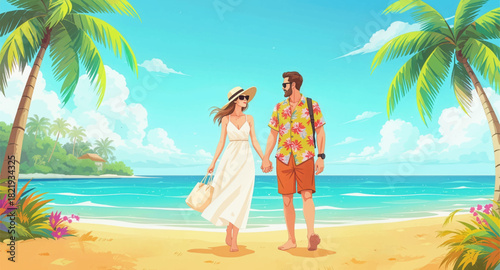 Couple enjoying a romantic walk along a sunny beach. Walking hand-in-hand on a tropical beach getaway. Seaside romance: couple strolling through a tropical paradise