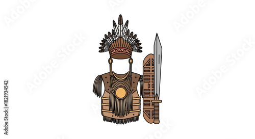 Traditional Dayak Warrior Armor with Headdress and Sword.