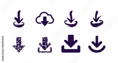 Selection of blue download icons featuring hand-drawn cloud and shattered graphic styles