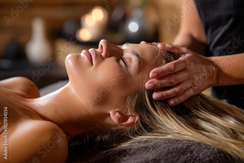 Gentle professional hands provide calming face and neck care in a relaxing beauty room.