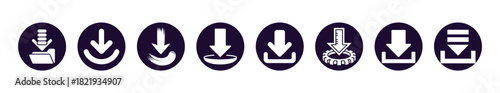 Collection of dark blue circular download icons with white symbols, including folders and brush strokes