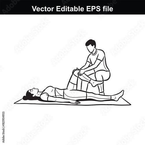 Illustration of a person performing a leg stretch on another person lying on a yoga mat, isolated on white background