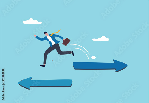 Change career, decide to go different path or direction, challenge to find new way or opportunity, progress to other choice or journey concept, businessman change from arrow sign to other direction.