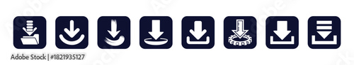 Set of dark blue square download icons with white symbols, featuring various styles and elements