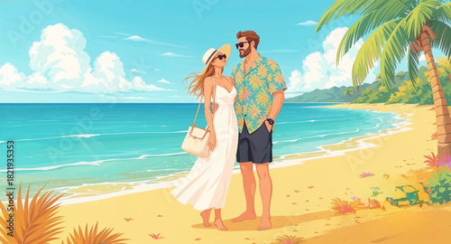 Couple relaxing together on a tropical beach. Romantic beach getaway: couple enjoying the ocean breeze. Tropical paradise: couple strolling along the beach