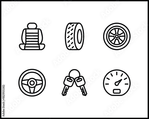 Illustrative set of essential automotive icons featuring vehicle parts and driving accessories a car seat, tire, wheel, steering wheel, car keys, and a speedometer for various design needs