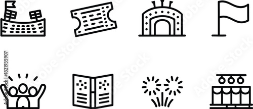Event and Celebration Icon Set Flags, Tickets, Fireworks, and Crowd Scenes for Graphic Design