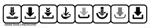 Set of black download icons featuring various arrow and tray designs for digital content