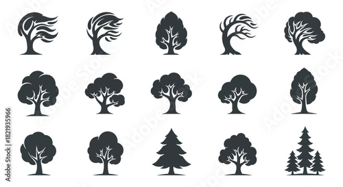 Collection of Stylized Tree Silhouettes Vector Illustrations for Nature-Themed Designs