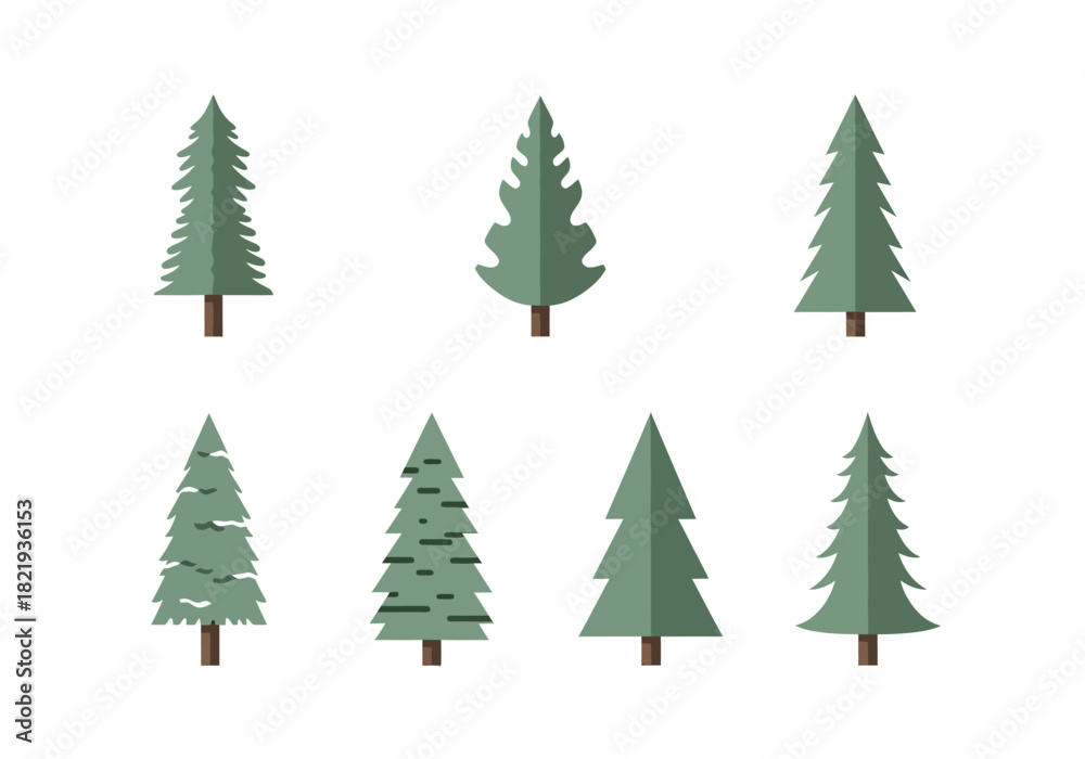 Fototapeta premium Set of stylized evergreen trees, pine trees, and fir trees, perfect for nature and winter designs
