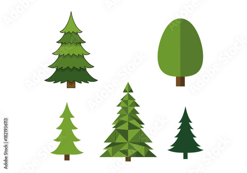 Collection of various green tree icons in a modern flat design. Set includes stylized evergreen, pine, and deciduous trees for nature or forest themes
