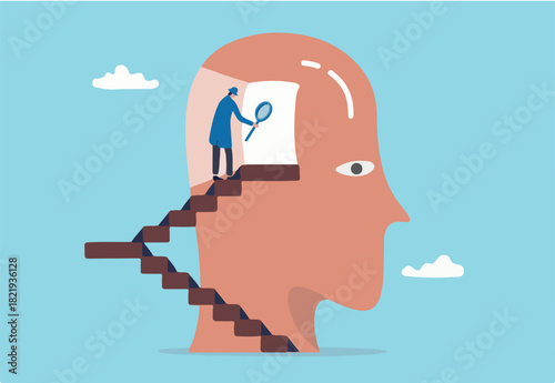 Psychology or brain analyze for human intelligence, memory, mindset or mental wellbeing, neurology or psychotherapy concept, man walk up the stair to open human head see mystery secret of human brain