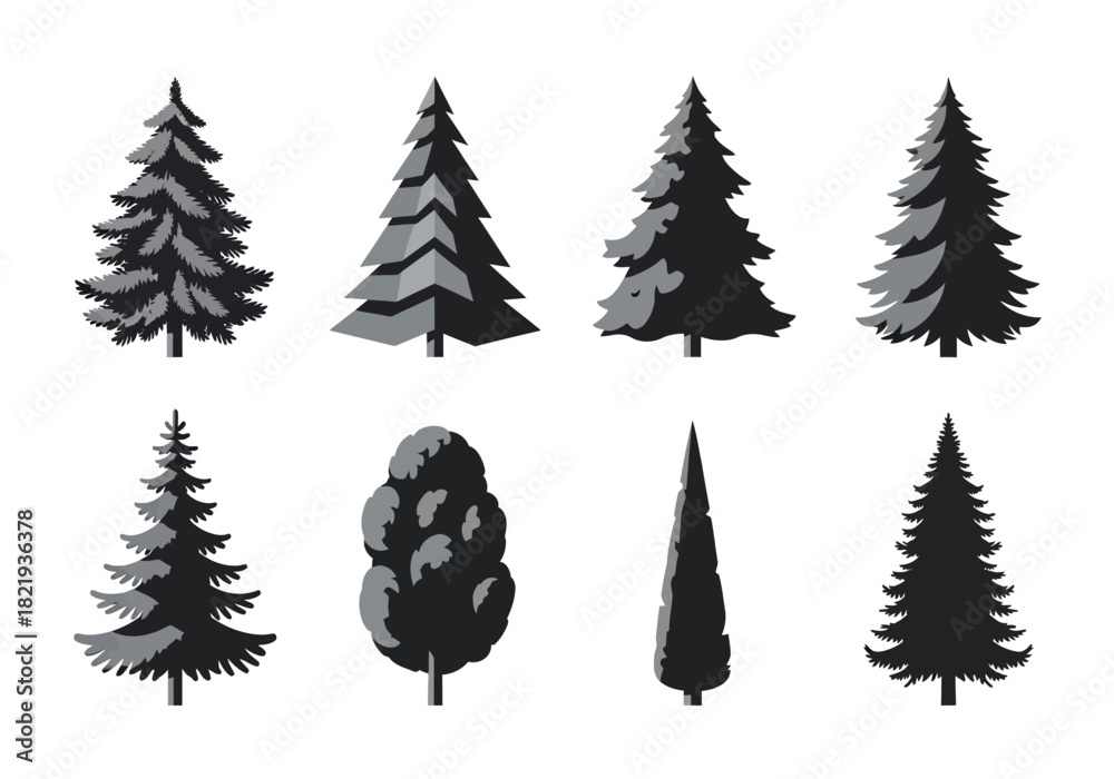 Obraz premium Silhouettes of Various Evergreen Trees Diverse Forest Conifers Collection