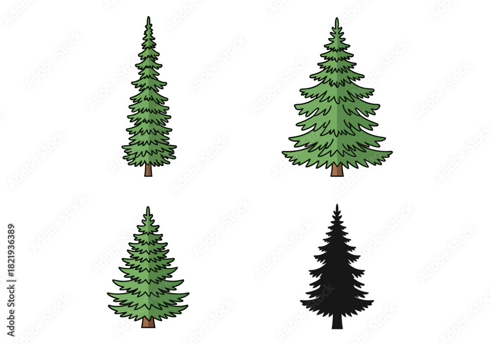 Fototapeta premium Illustration of various fir trees in different shapes and styles for design and decoration purposes