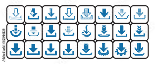 Blue download icon collection with various styles of arrows pointing downwards into a tray or line