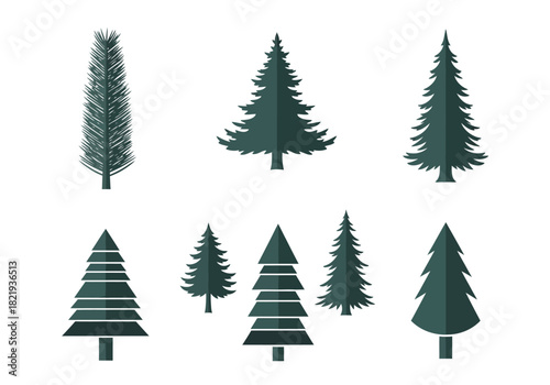 Collection of Stylized Evergreen Trees Variety of Pine and Fir Tree Silhouettes for Design