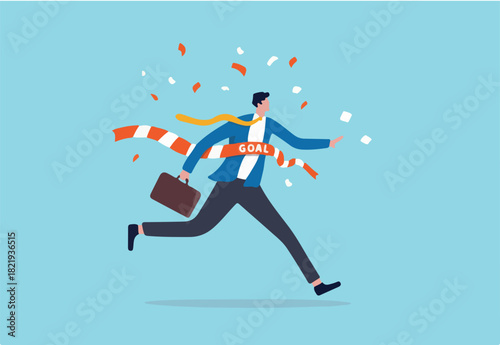 Business winner reaching goal, success celebration, career path or glory to finish working project concept, joyful smart businessman worker running reaching goal at the finishing line as first winner
