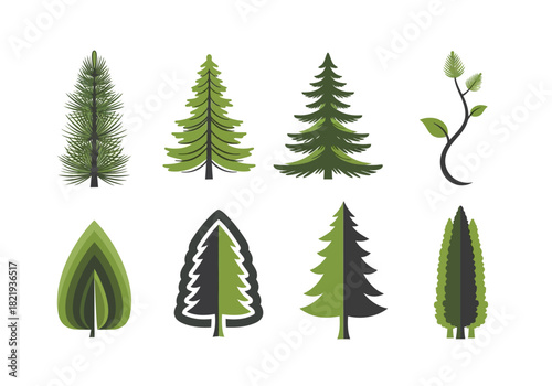 Diverse collection of stylized green tree and plant illustrations, featuring various evergreen and deciduous designs for nature, forest, and environmental themes, perfect for graphic design