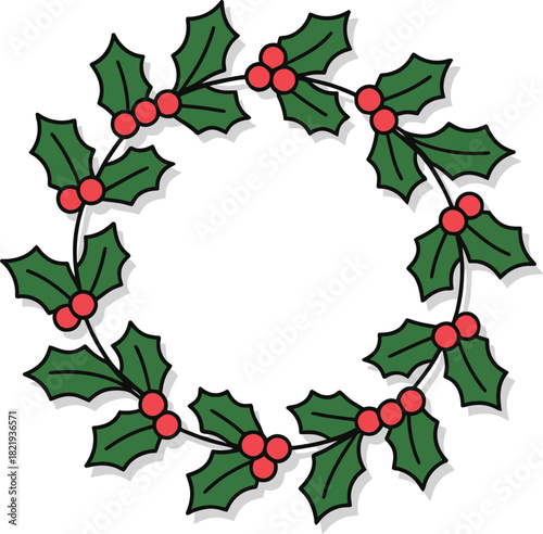 Circular Wreath Green Holly Leaves and Red Berries