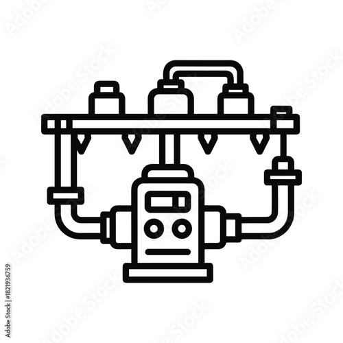 Industrial manifold system with pipes and valves in line art icon style
