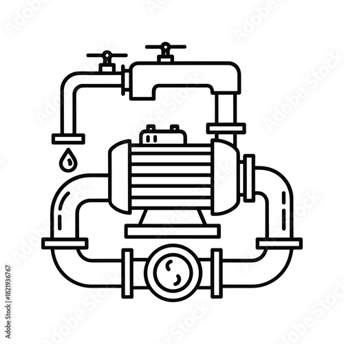 Outline icon of a water pump station with connected pipes and valves