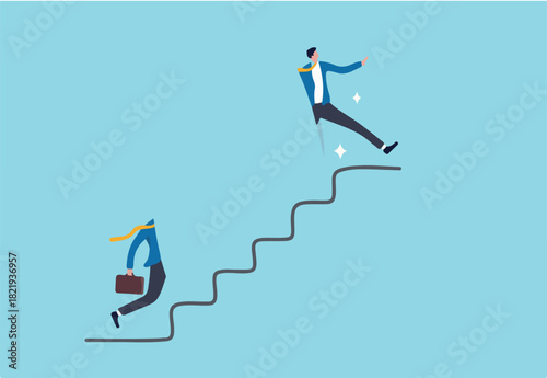 Shortcut for business success, stairway or step to career growth, get rich fast or strategy to achieve target concept, smart confidence businessman climbing up stair with special shortcut to success.