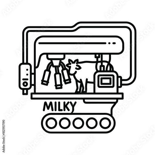 Automated cow milking machine with a cow inside, line art illustration