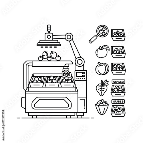 Automated fruit sorting and grading machine with robotic arm and conveyor