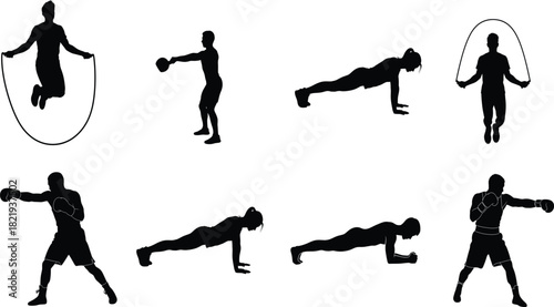Silhouette set of people exercising and working out including jumping rope boxing and pushups for fitness