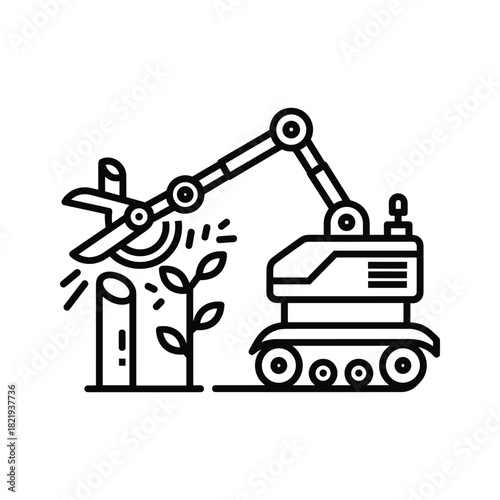 Robotic arm pruning plant icon, smart agriculture technology, isolated on white