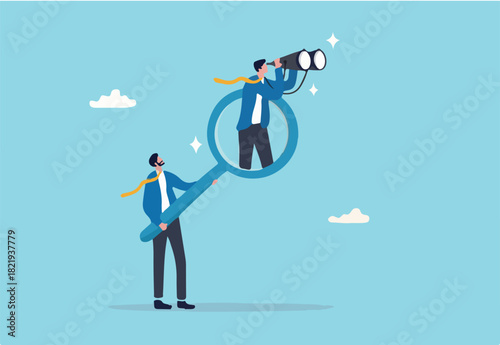 Search and discovery career opportunity, search for new job, find resource or job vacancy, support or career development advice, finding solution, businessman with magnifying glass help search job.