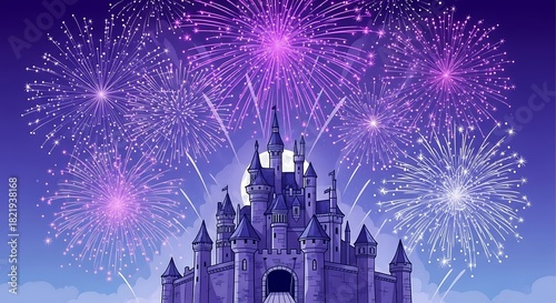Fairytale castle with vibrant fireworks display at nightfall