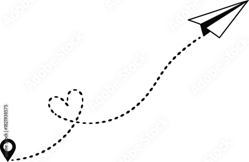 Paper airplane flying with dotted line path isolated on white background