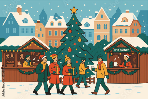 Festive Christmas Market Scene with People and Stalls