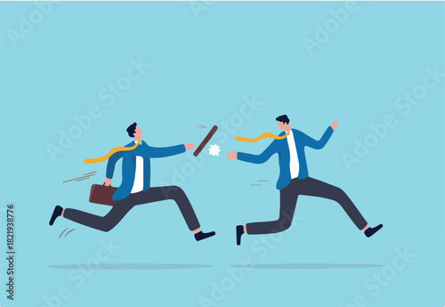 Business baton pass, relay, job handover or partnership and teamwork to help winning business concept, businessmen colleagues partner passing baton while running at full speed to achieve success.