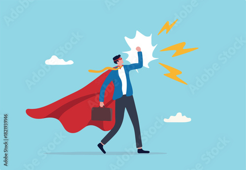 Superhero businessman with superpower to win business success, strength or power to control and finish work, confidence great responsibility, courage or strong positive attitude with fearless mindset.