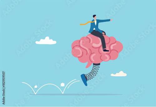 Brain intelligence, resilience or creativity to control thinking process for new idea, smart or wisdom to brainstorm, imagination to success concept, businessman riding human brain with springboard.