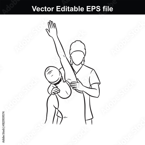 Line drawing of a doctor or physical therapist examining a patients shoulder, isolated on white background