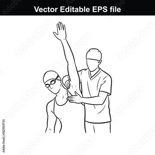 Illustration of a physical therapist assisting a swimmer with arm rehabilitation exercise, isolated on white background