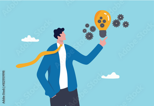 Innovation idea, creativity or imagination for business success, smart businessman presenting innovative lightbulb with cogs and gears to invent new technology to solve business problem