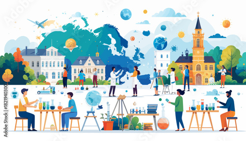 Science education and research cityscape with people