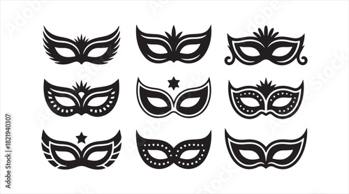 Set of decorative masquerade mask silhouettes for carnival, party, and costume celebration artwork