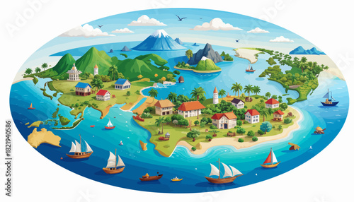 Tropical island with town and mountains