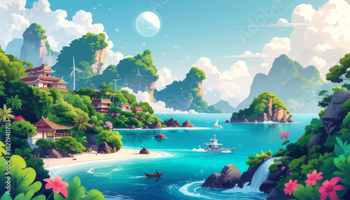 Tropical bay with mountains and coastal buildings