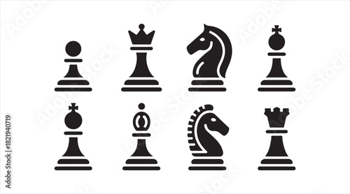 Set of chess piece silhouettes featuring classic strategic icons for board game and educational artwork