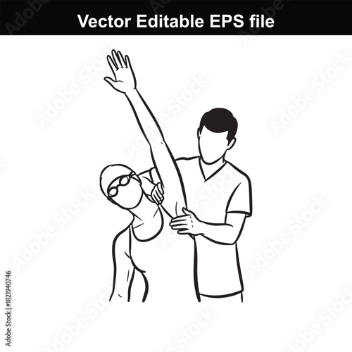 Physical therapist assisting a patient with arm rehabilitation exercise, isolated on white background